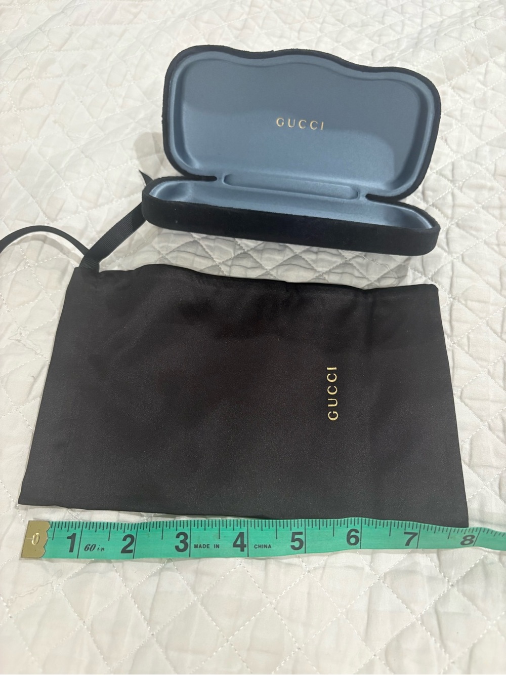 Gucci Black Velvet Eyewear Case with Light Blue Satin Interior and Pouch